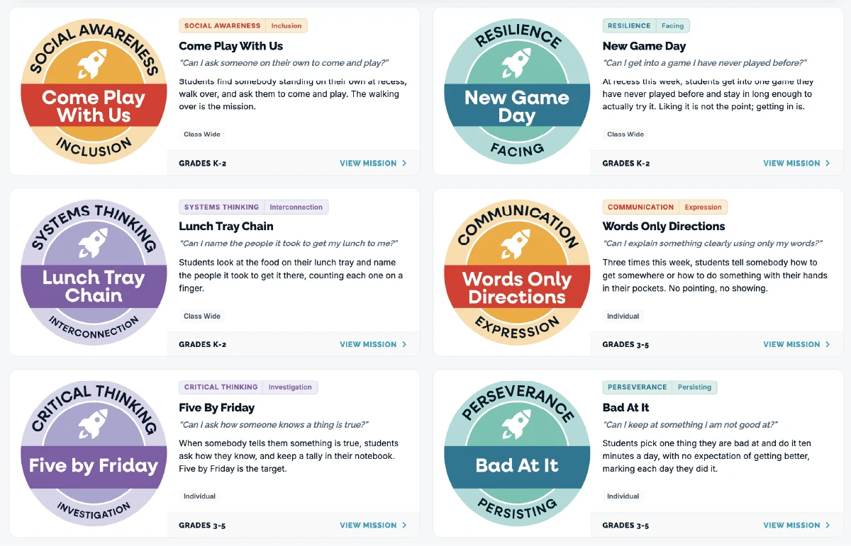 Mission Board cards such as Come Play With Us and New Game Day, each tied to a human skill